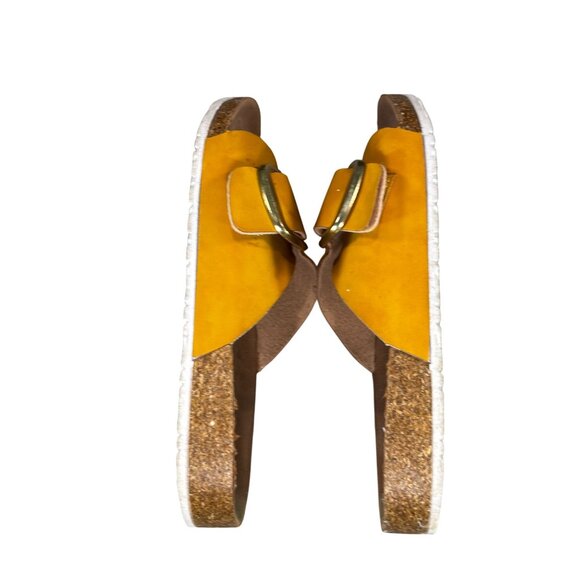 Yellow Suede Buckle Slide Sandals With Cork Sole - Picture 6 of 7